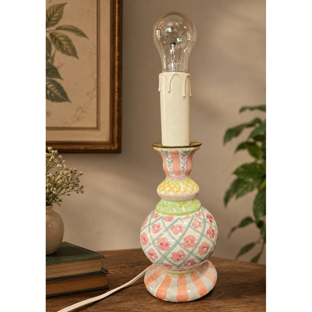 Vtg 1990s MacKenzie Childs Rose Cottage Candlestick Lamp Hand Painted Terracotta